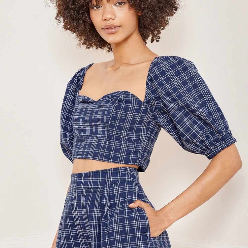 Lulus Get A Clue Navy Blue Plaid Coord TOP ONLY - Picture 4 of 4